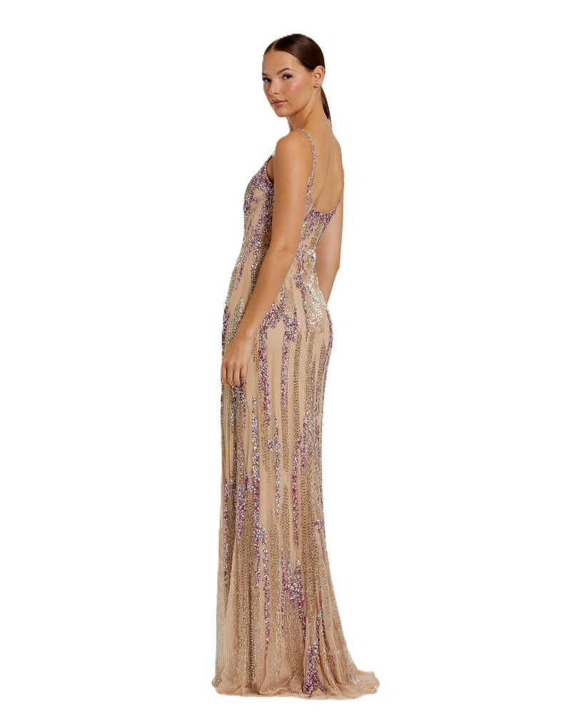 6150 - Beige Spaghetti Strap Beaded Column Gown by Mac Duggal in beige color for women Worldwide