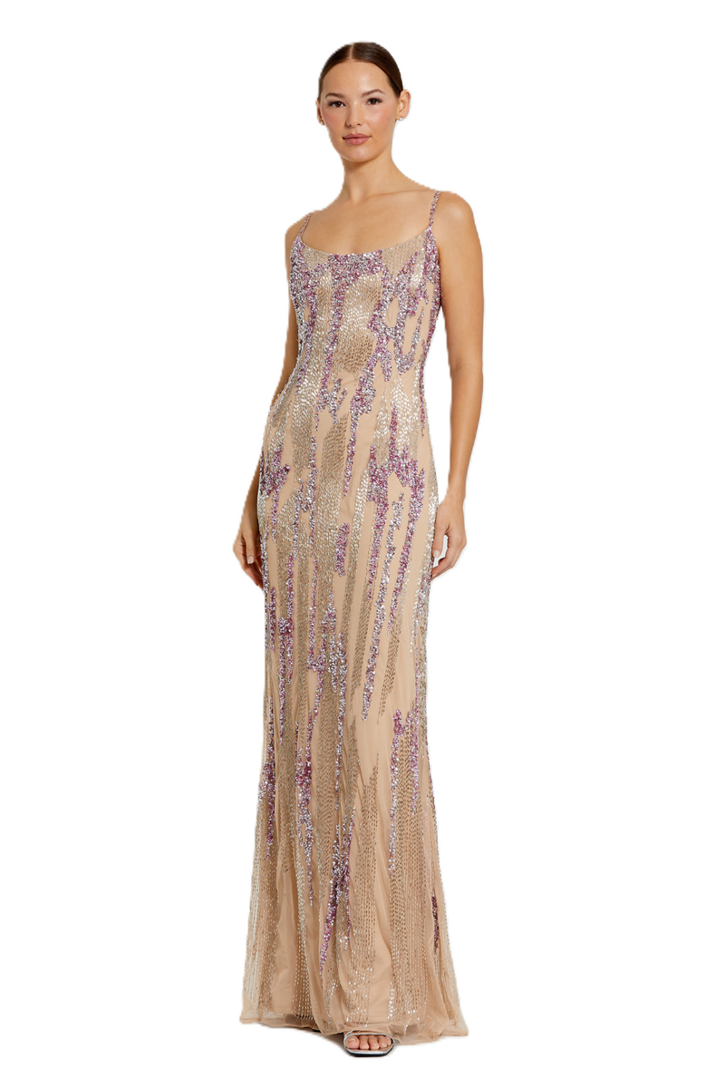 6150 - Beige Spaghetti Strap Beaded Column Gown by Mac Duggal in beige color for women Worldwide
