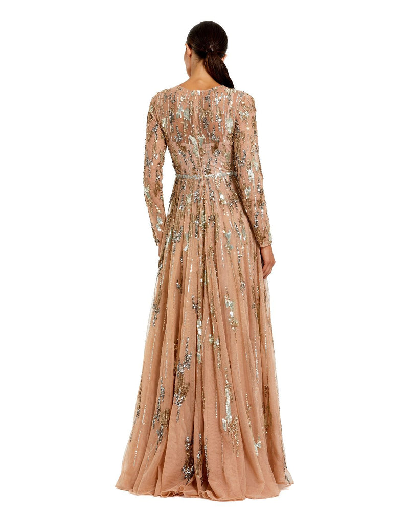 6181 - Beige Long Sleeve Sequin Embellished Gown by Mac Duggal in beige color for women Worldwide