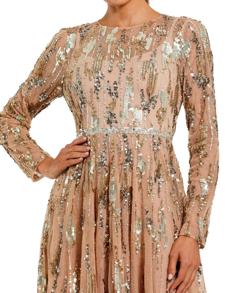 6181 - Beige Long Sleeve Sequin Embellished Gown by Mac Duggal in beige color for women Worldwide