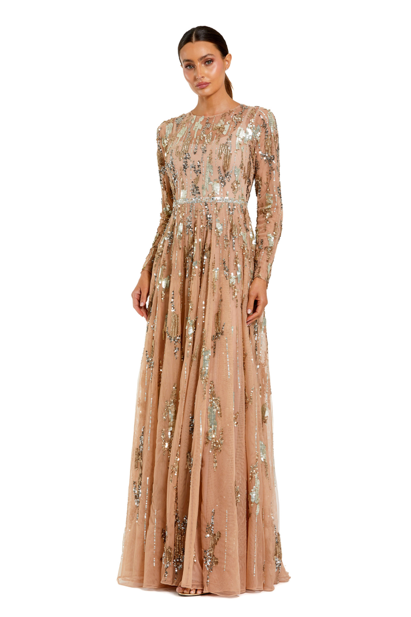 6181 - Beige Long Sleeve Sequin Embellished Gown by Mac Duggal in beige color for women Worldwide