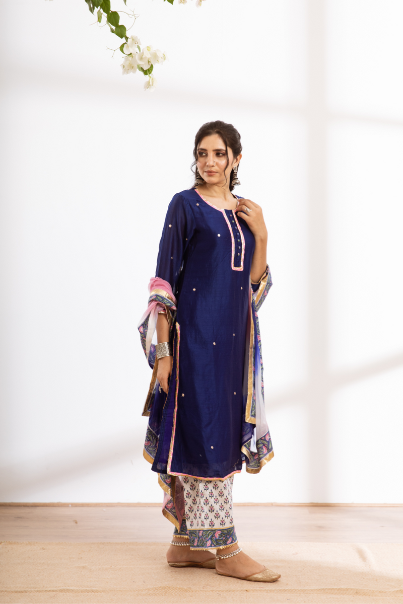 Rasika Neel Kurta Set - blue hand block printed chanderi kurta set chanderi by Maison Shefali in blue color for women Worldwide