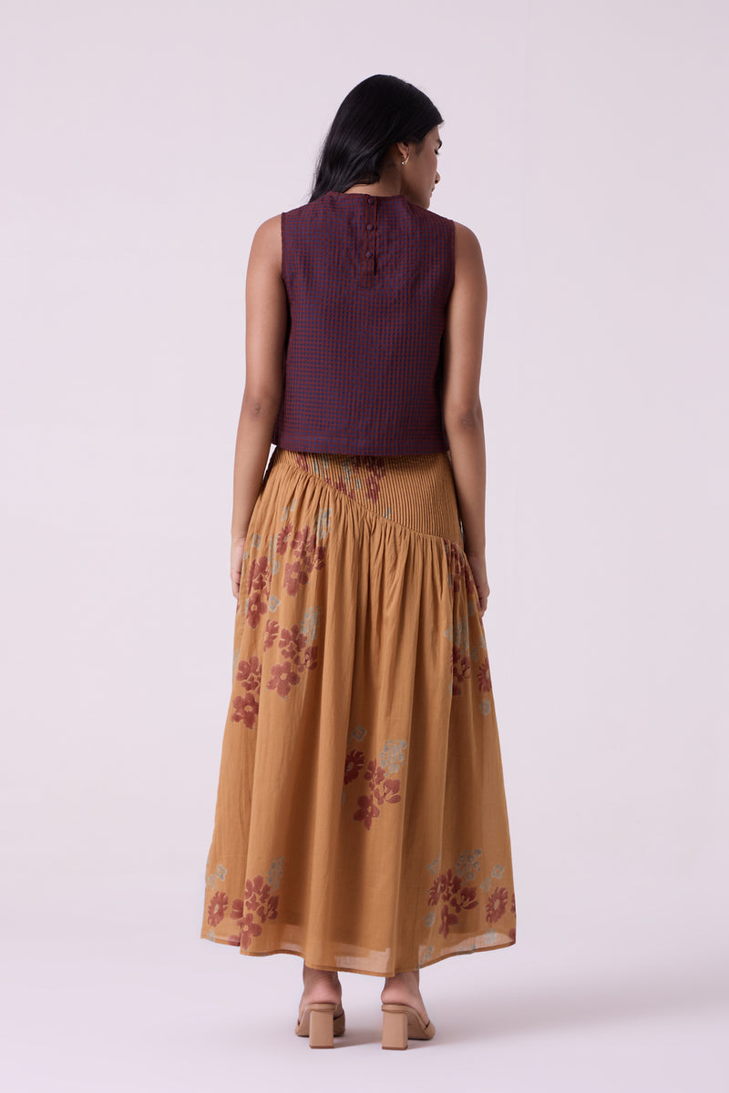Kaika Floral Hand Printed Maxi Skirt hand block printed cotton mul skirt by The Summer House in brown for women Worldwide