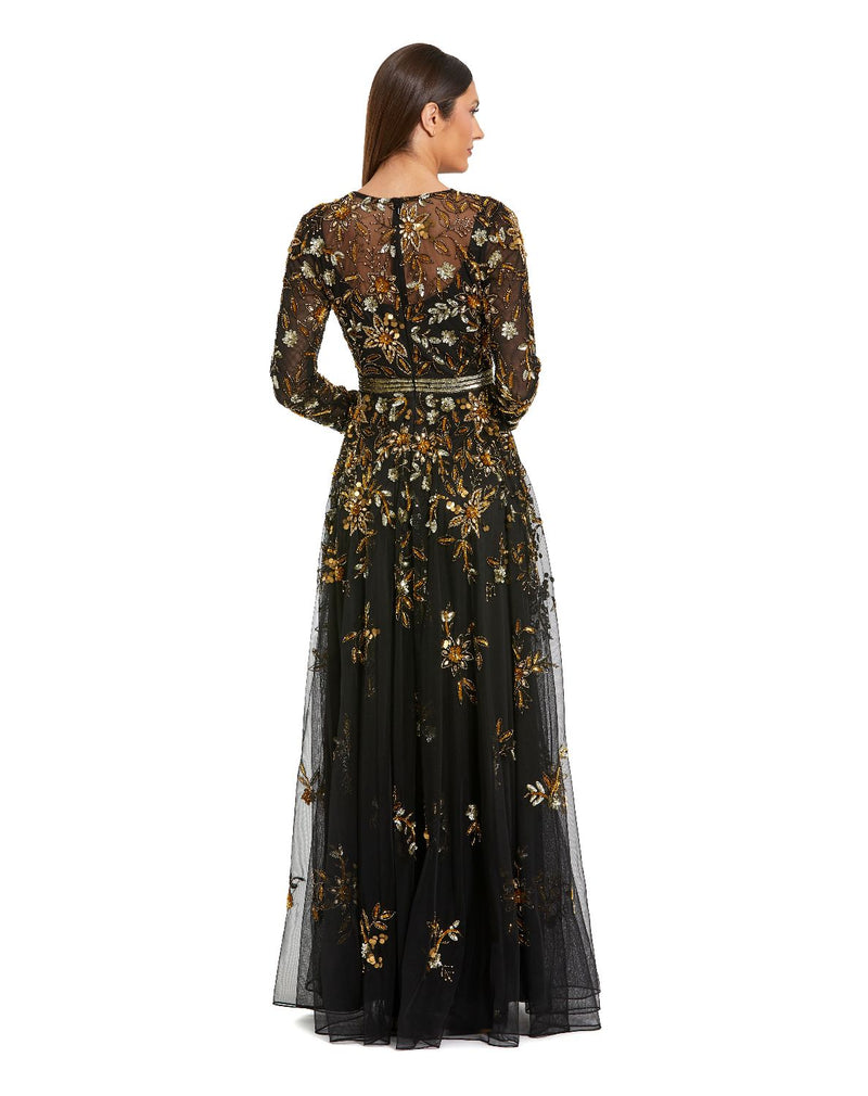 6200 - Black Hand Embellished Long Sleeve A Line Gown by Mac Duggal in black color for women Worldwide