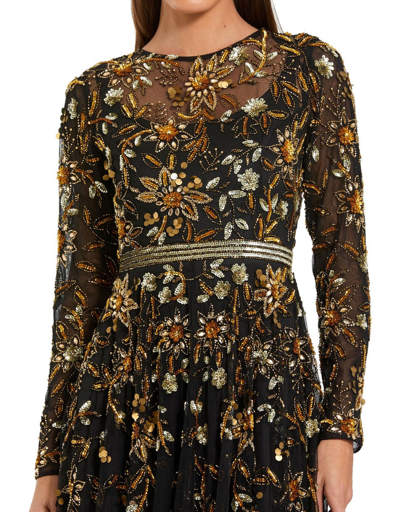 6200 - Black Hand Embellished Long Sleeve A Line Gown by Mac Duggal in black color for women Worldwide