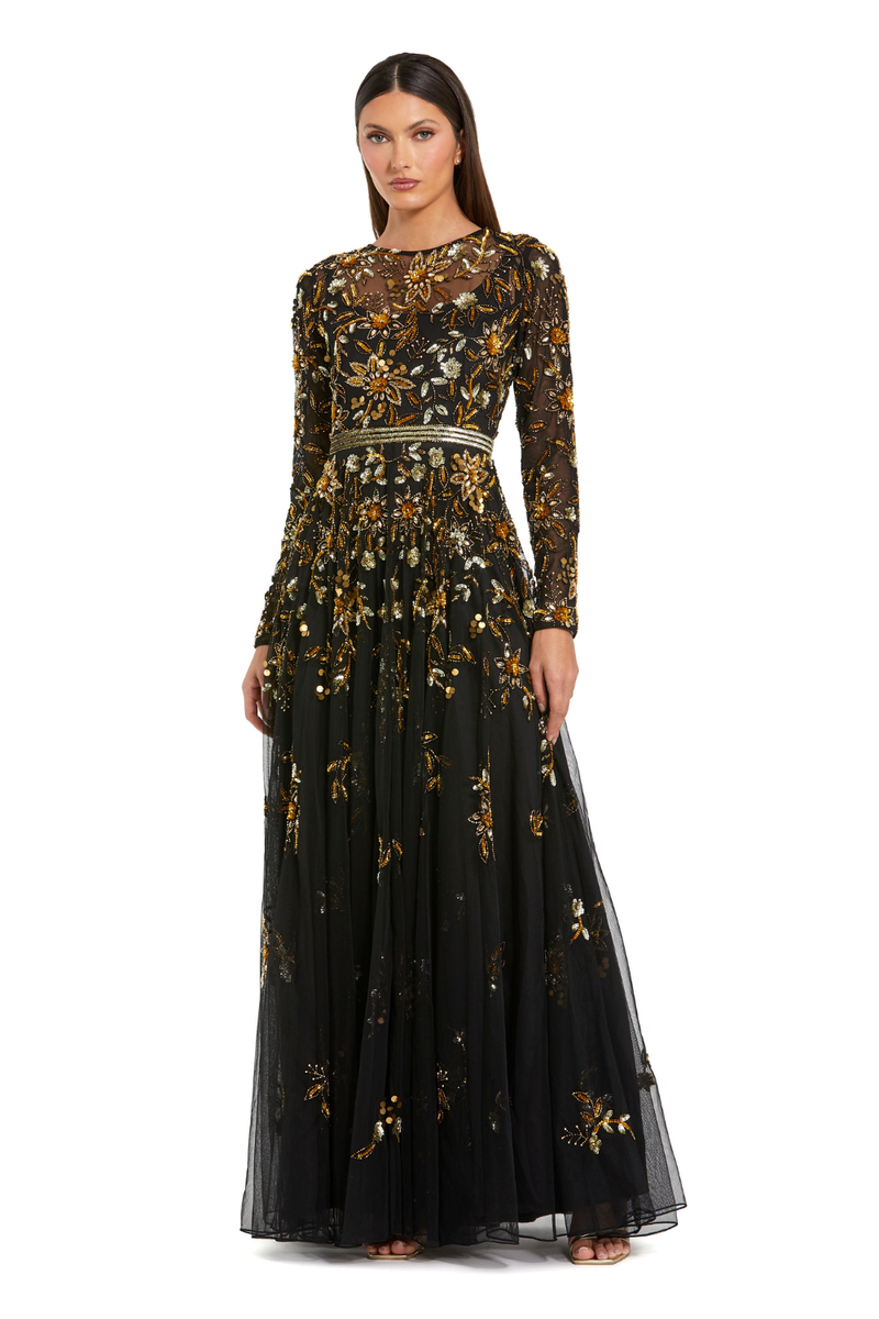 6200 - Black Hand Embellished Long Sleeve A Line Gown by Mac Duggal in black color for women Worldwide