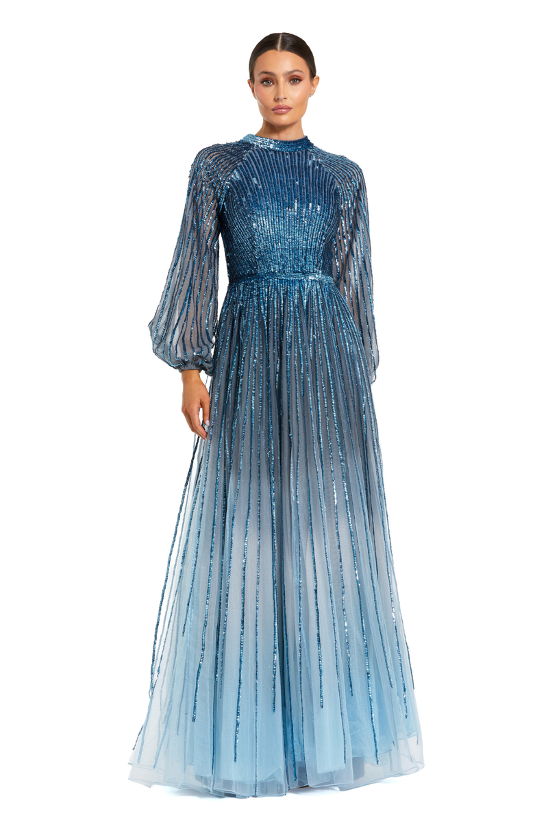 6206 - Blue Ombré Sequin Long Sleeve A-Line Evening Dress by Mac Duggal in blue color for women Worldwide