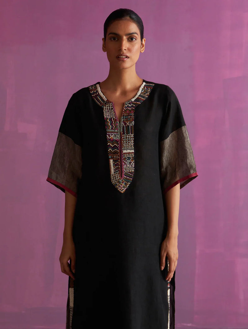 Mato Hand-Embroidered Kurta - Black linen by Manan in black color for women Worldwide