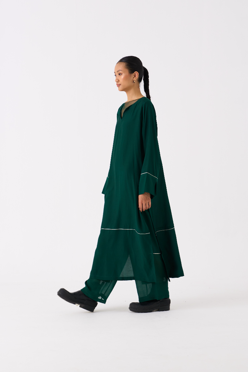 V-NECK KAFTAN- DARK GREEN bemberg by THREE in green color for women Worldwide