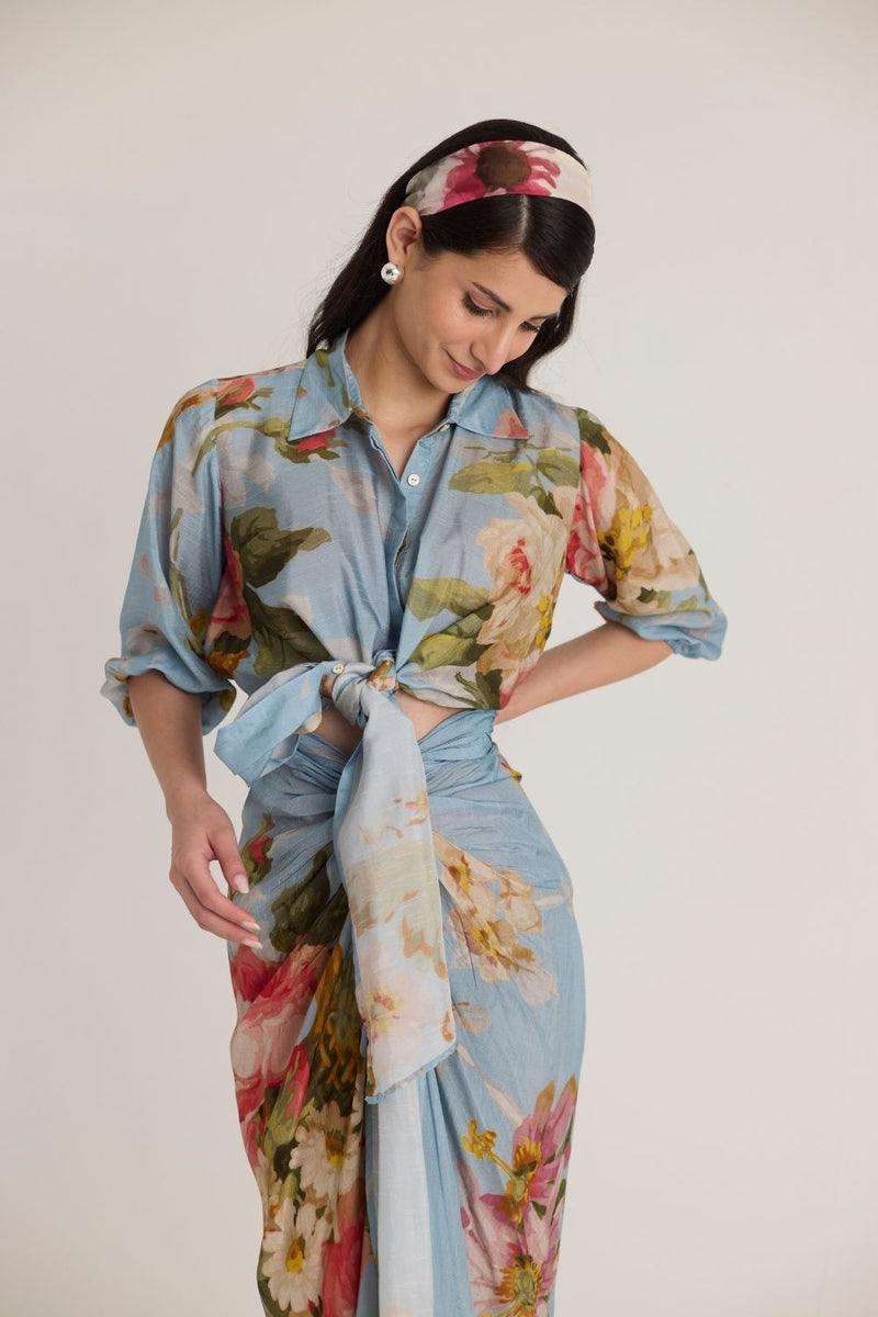 TAFFY TIE-UP TOP & SKIRT SET silk by Yam in blue color for women Worldwide