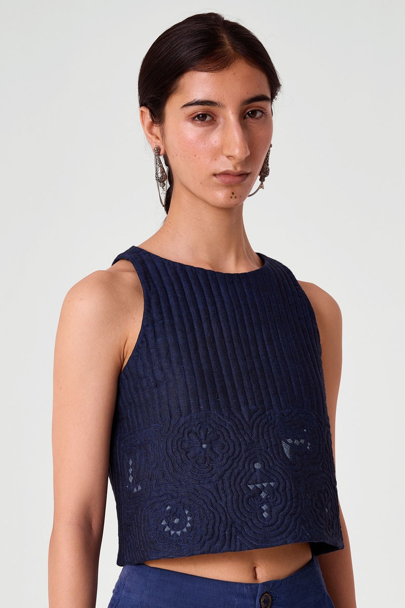 Toni Blue Quilted Linen Top