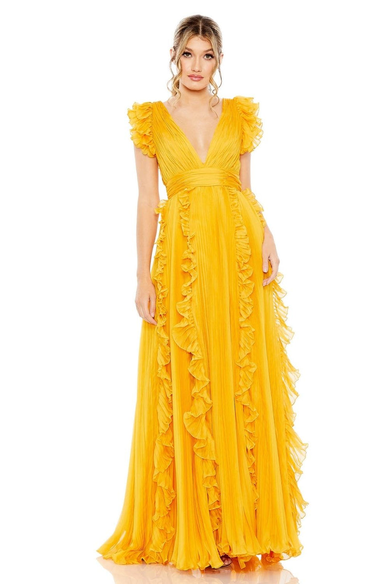 MD-49539 Frilled Long Dress-Yellow chiffon by Mac Duggal in yellow color for women Worldwide