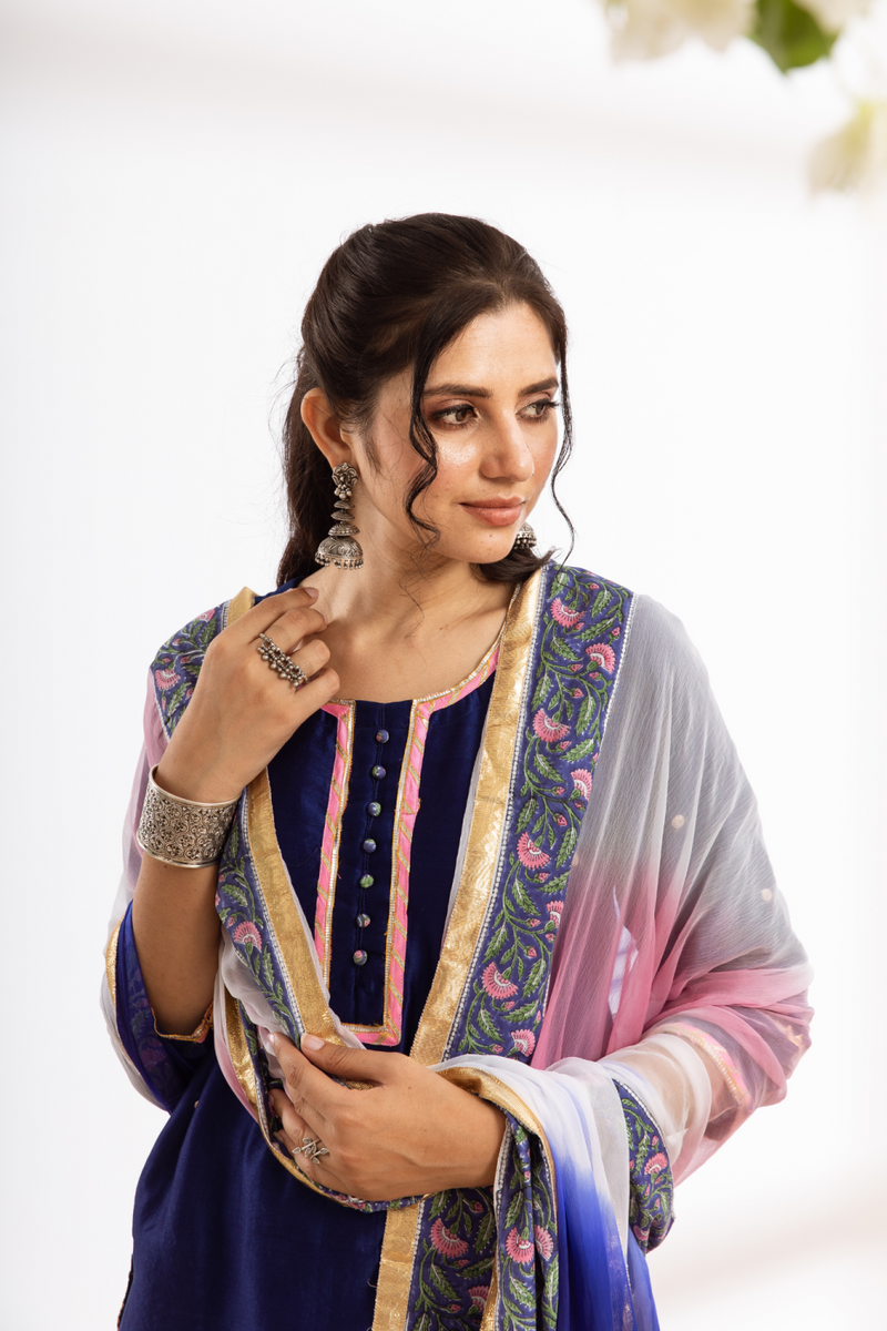 Rasika Neel Kurta Set - blue hand block printed chanderi kurta set chanderi by Maison Shefali in blue color for women Worldwide
