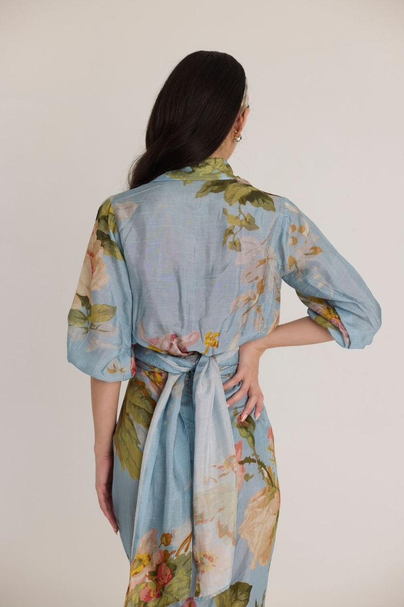 TAFFY TIE-UP TOP & SKIRT SET silk by Yam in blue color for women Worldwide