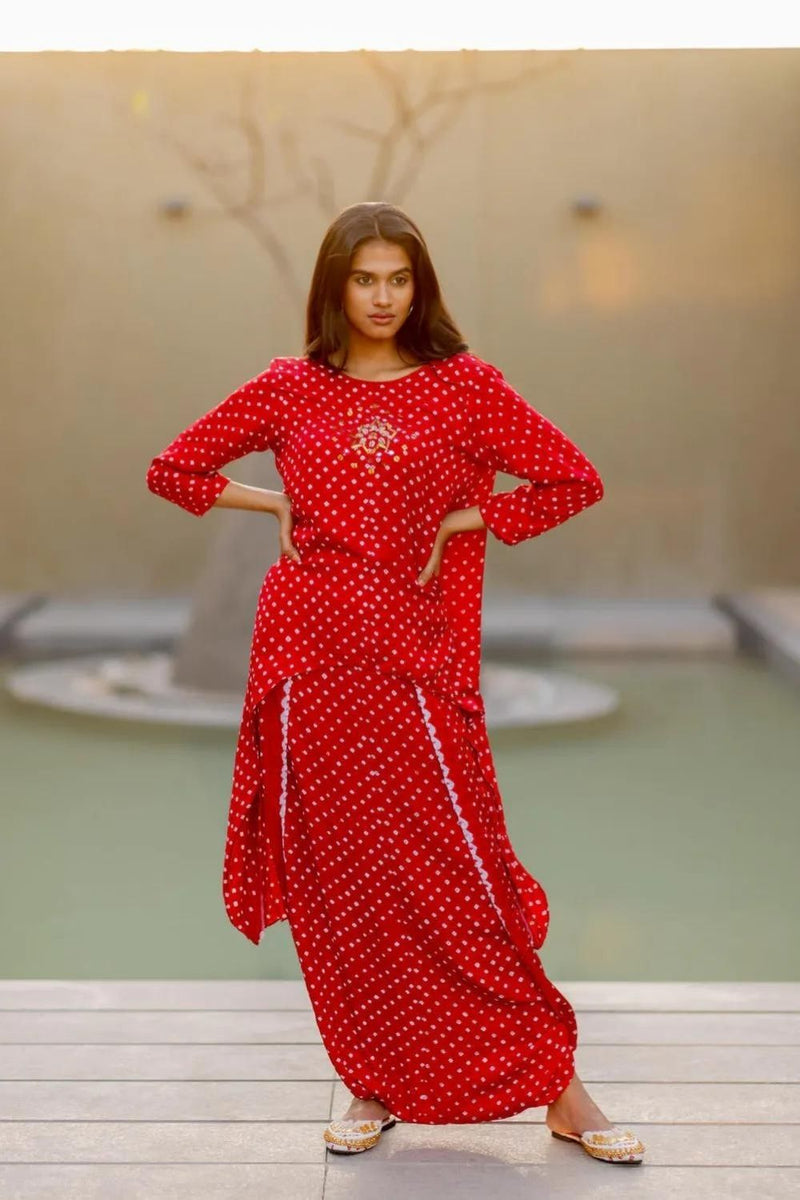 ASYMMETRICAL OVERLAP DHOTI SET-red silk by Dyelogue in red color for women Worldwide
