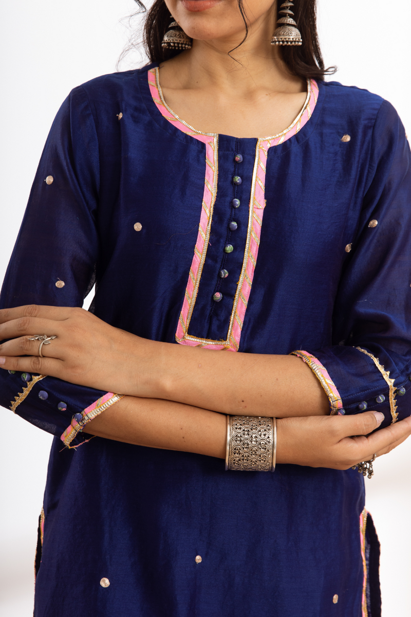 Rasika Neel Kurta Set - blue hand block printed chanderi kurta set chanderi by Maison Shefali in blue color for women Worldwide