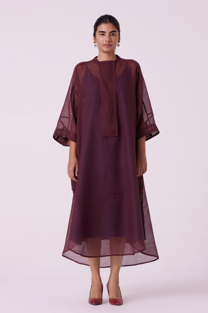 Fosco Blue Checkered HandwovenTunic handwoven silk cotton tunics/kaftan by The Summer House in blue for women Worldwide