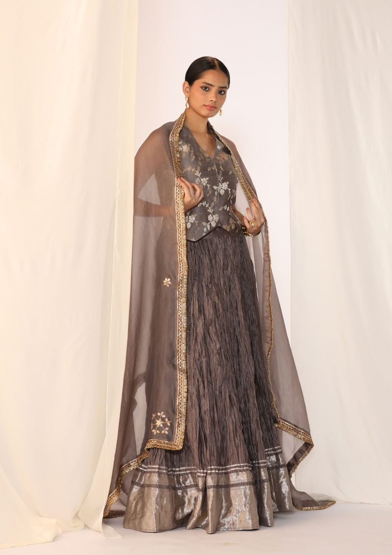 Brocade waistcoat paired with a crushed skirt-Dove Grey chanderi by Myoho in grey color for women Worldwide