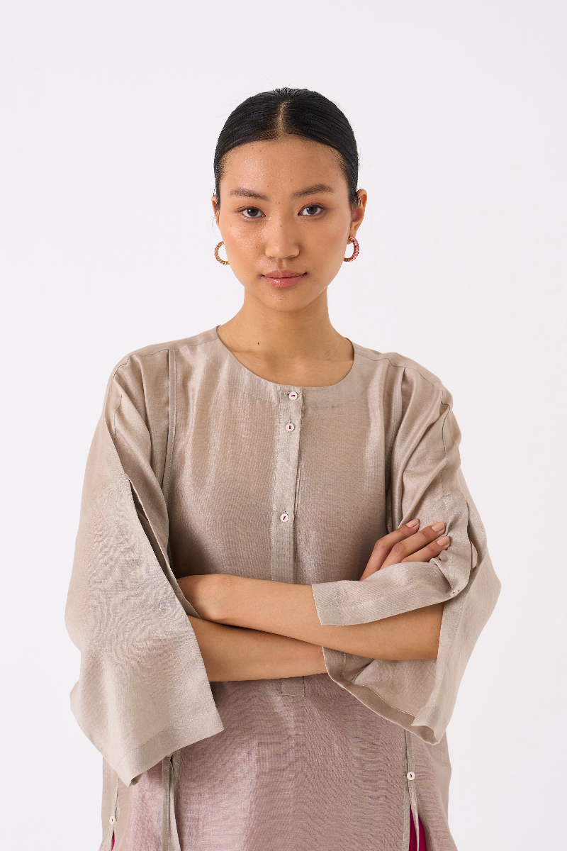 PANELLED TUNIC-ASH GREY chanderi by THREE in grey color for women Worldwide