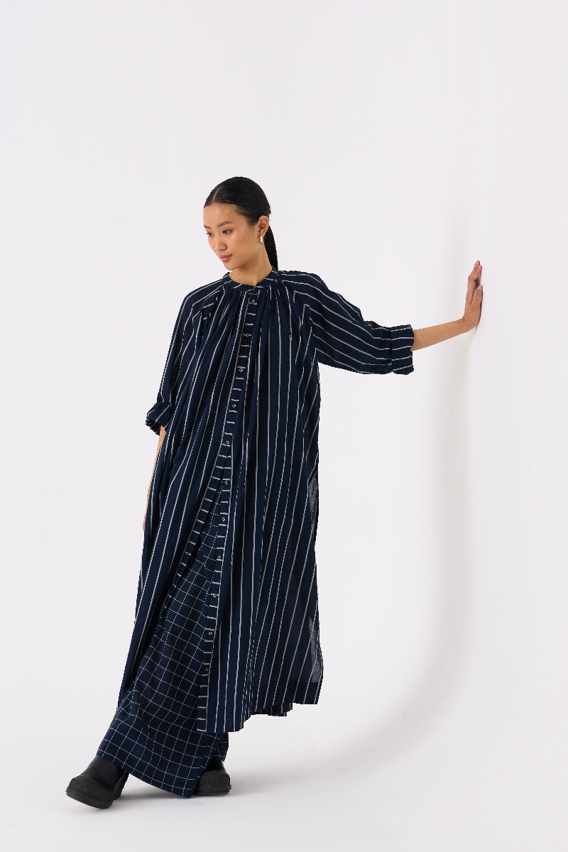 GATHER NECK SHIRT-BLACK STRIPE mul by THREE in black color for women Worldwide