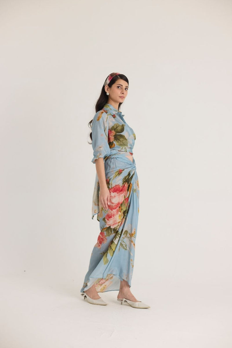 TAFFY TIE-UP TOP & SKIRT SET silk by Yam in blue color for women Worldwide