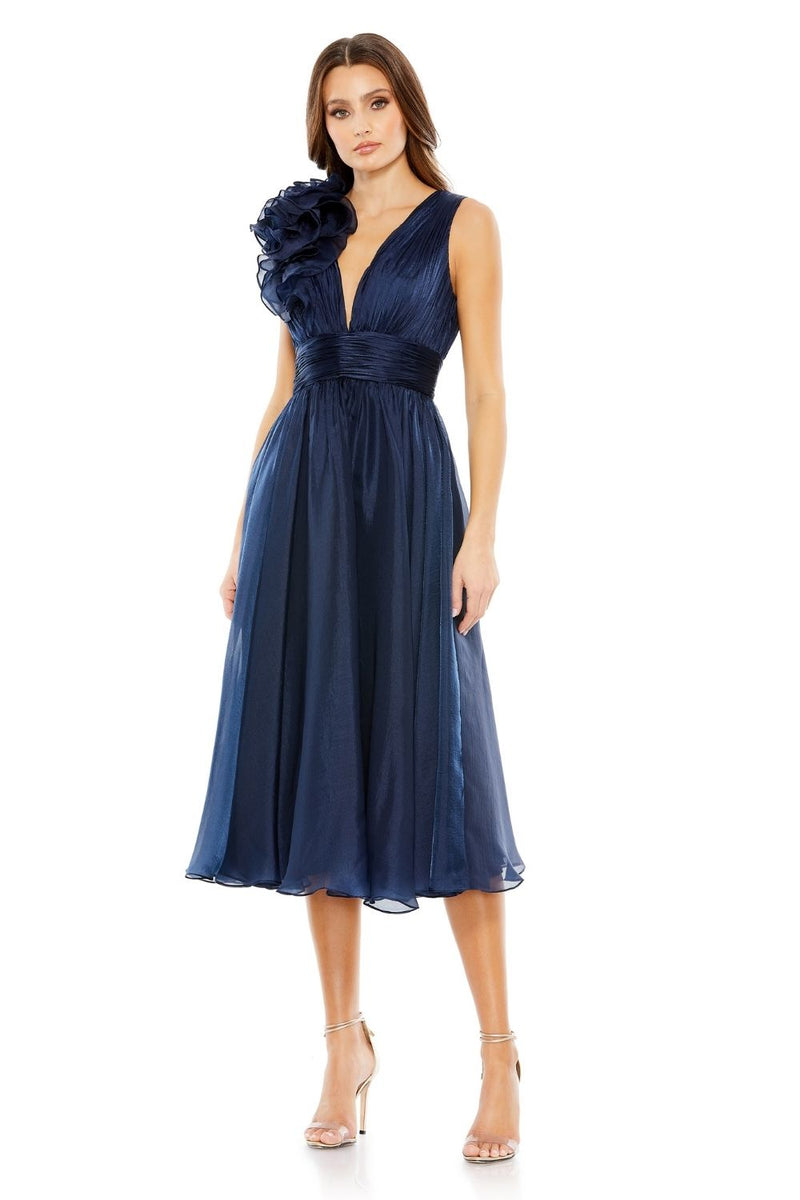 MD-49494 V Neck Midi Dress-Blue chiffon by Mac Duggal in blue color for women Worldwide