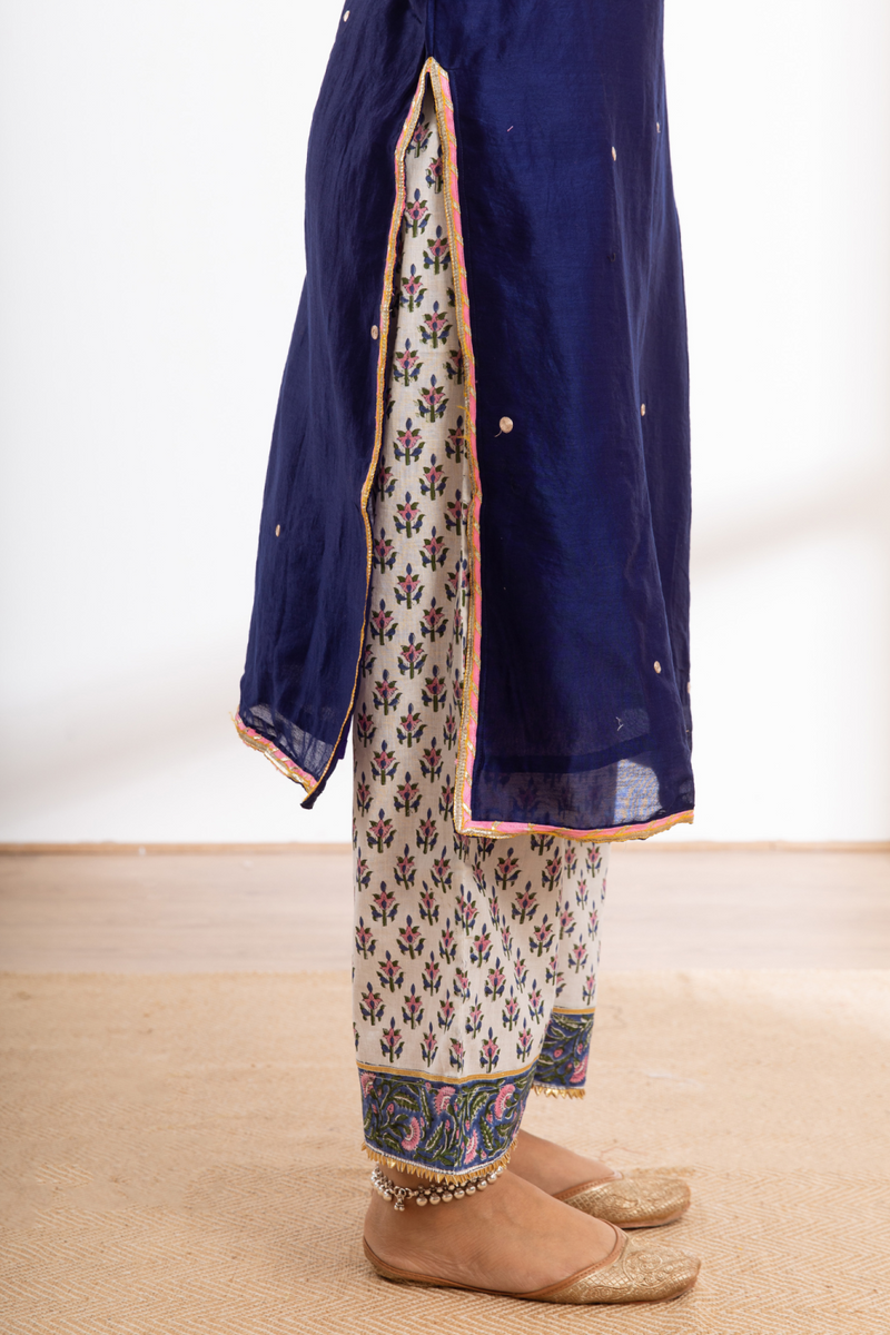 Rasika Neel Kurta Set - blue hand block printed chanderi kurta set chanderi by Maison Shefali in blue color for women Worldwide