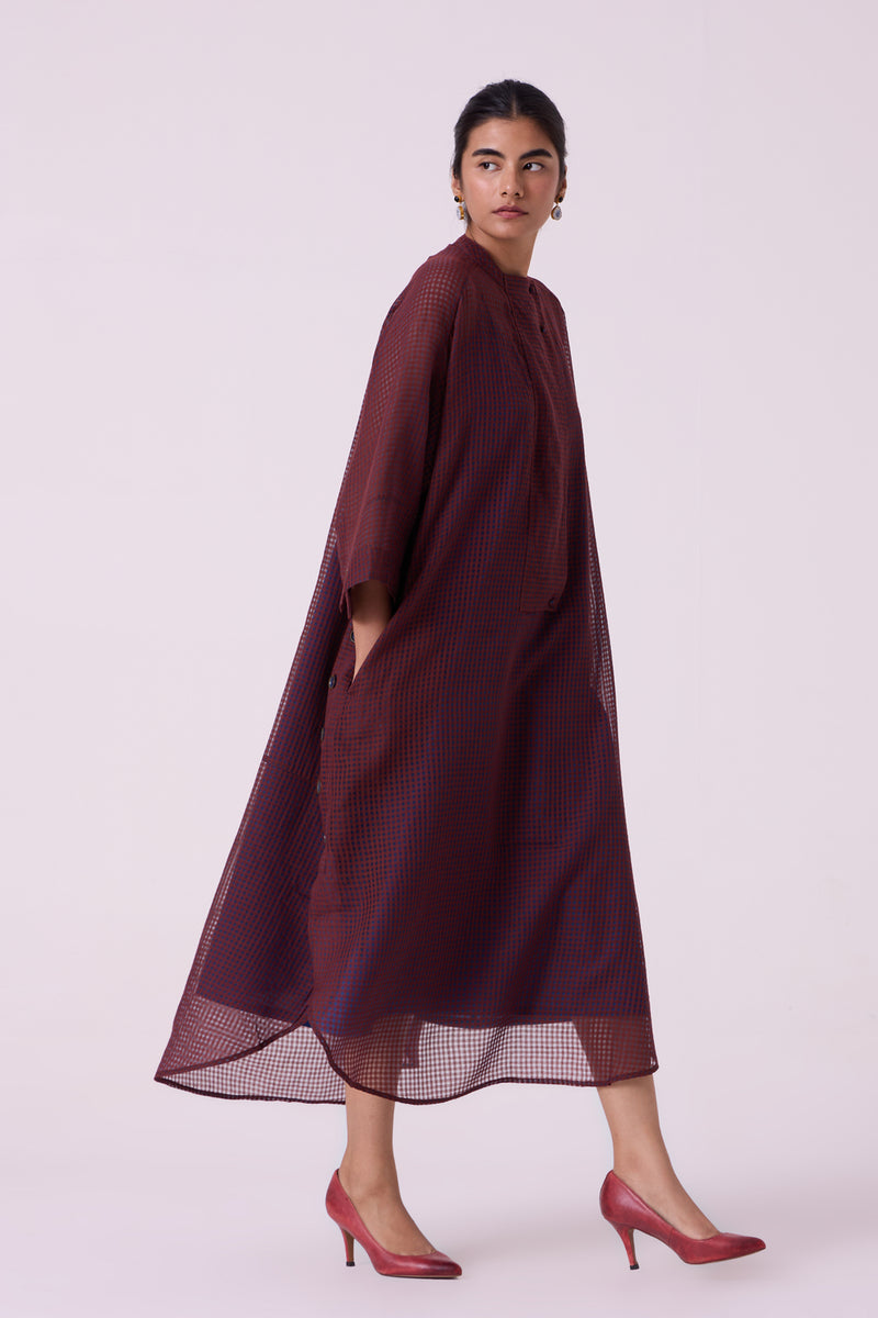 Fosco Blue Checkered HandwovenTunic handwoven silk cotton tunics/kaftan by The Summer House in blue for women Worldwide