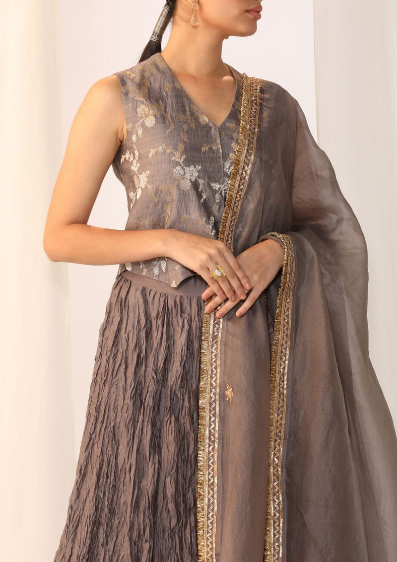 Brocade waistcoat paired with a crushed skirt-Dove Grey chanderi by Myoho in grey color for women Worldwide