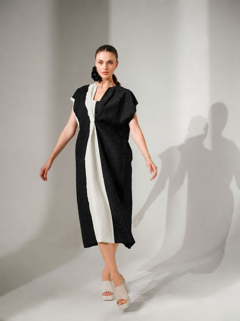 Ripple Dress-Black + Natural crushed silk dress by Stoique in black, natural for women Worldwide