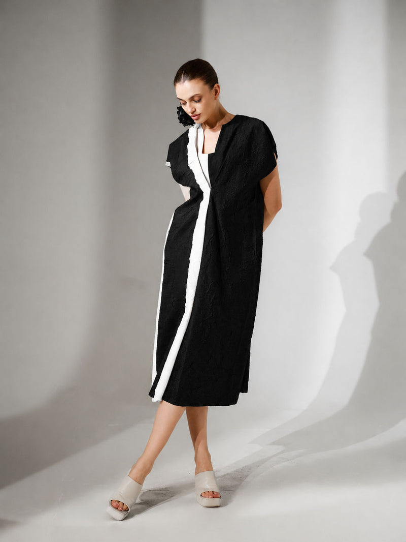 Ripple Dress-Black + Natural crushed silk dress by Stoique in black, natural for women Worldwide