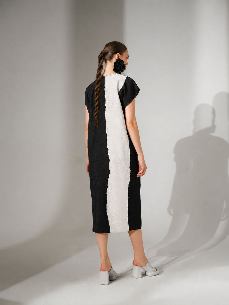 Ripple Dress-Black + Natural crushed silk dress by Stoique in black, natural for women Worldwide