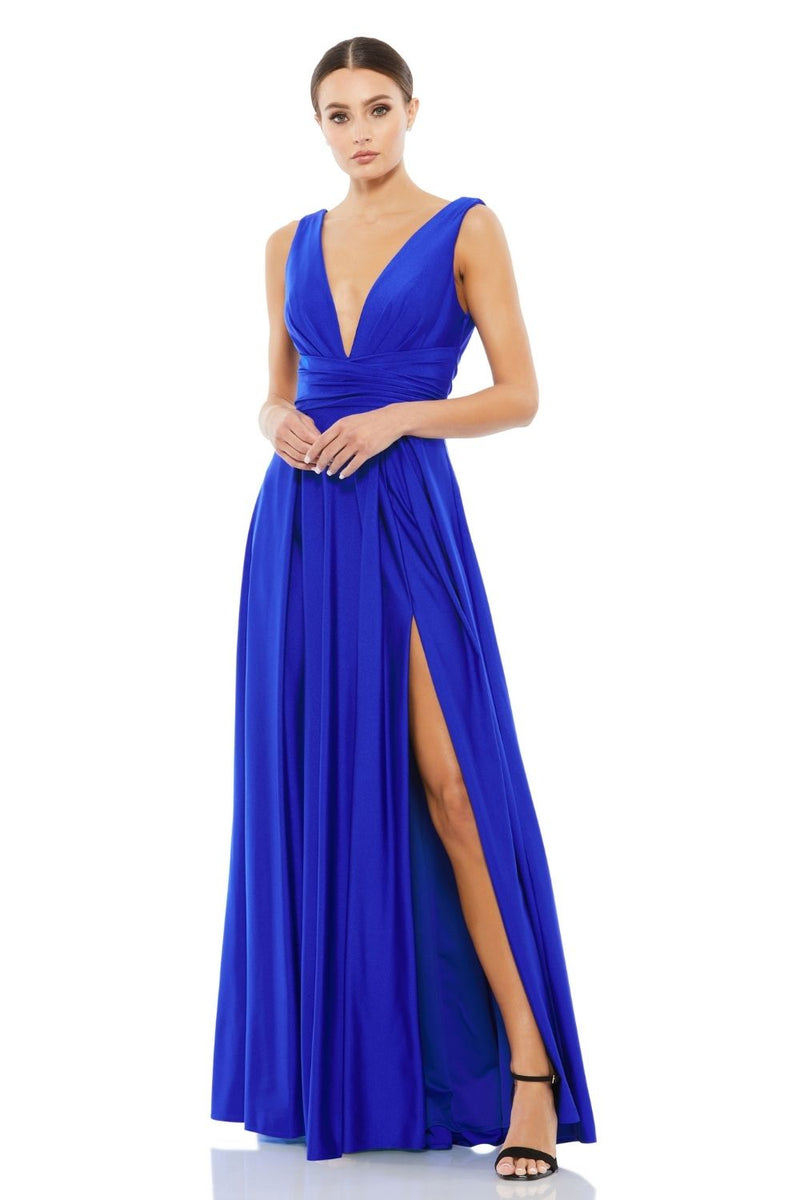 MD-26578 Flared High Slit Long Dress-Blue by Mac Duggal in blue color for women Worldwide