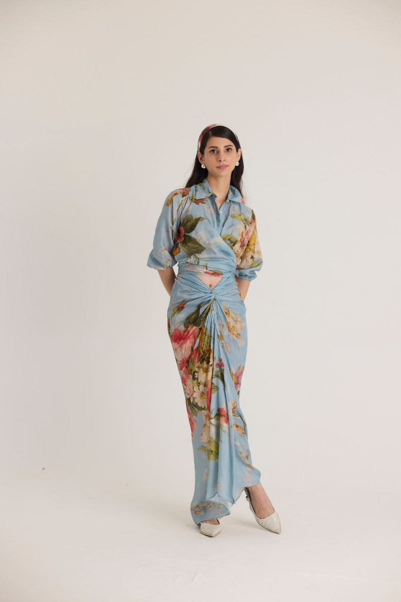 TAFFY TIE-UP TOP & SKIRT SET silk by Yam in blue color for women Worldwide