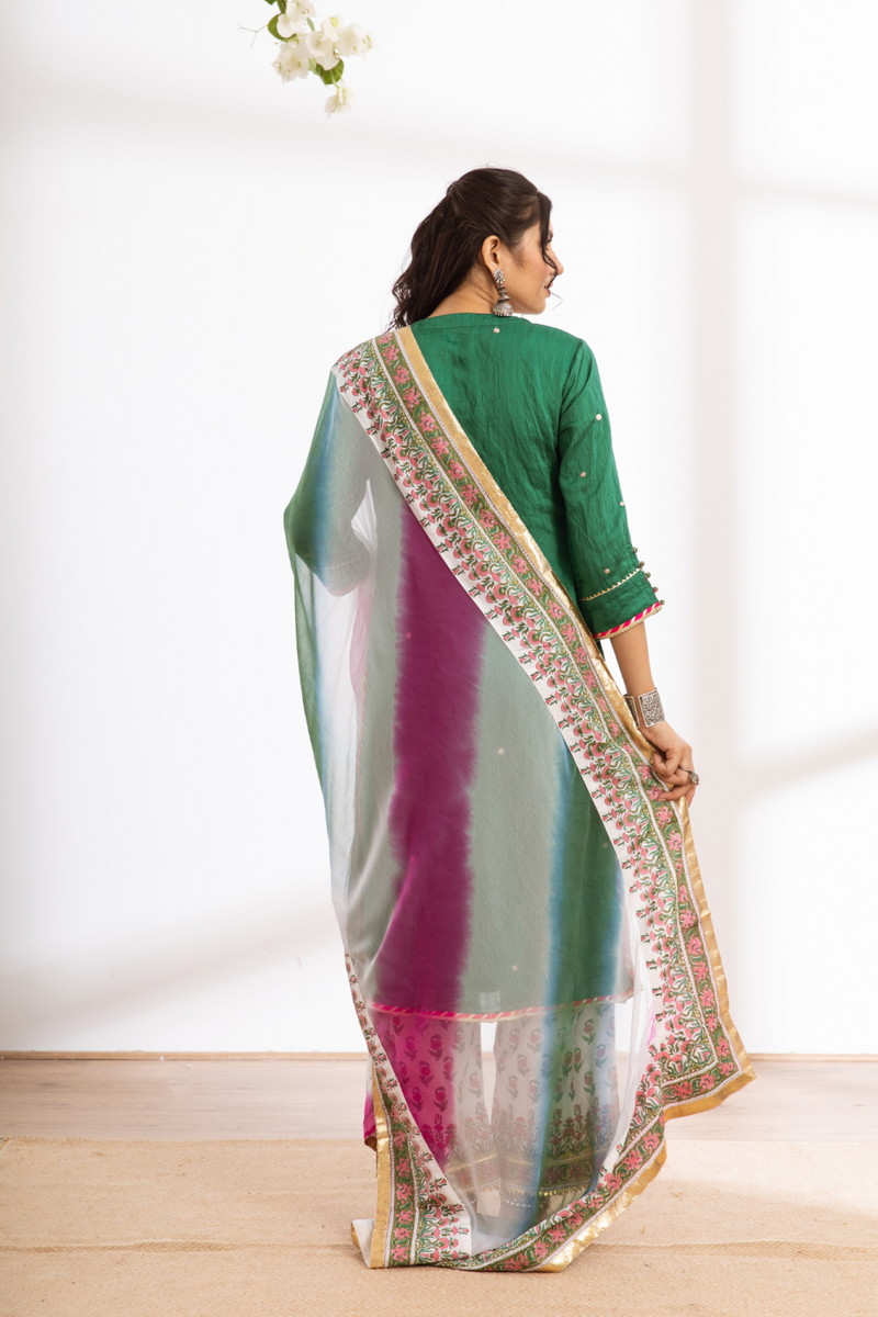 Rasika Harita Kurta Set - green hand block printed chanderi kurta set chanderi by Maison Shefali in green color for women Worldwide
