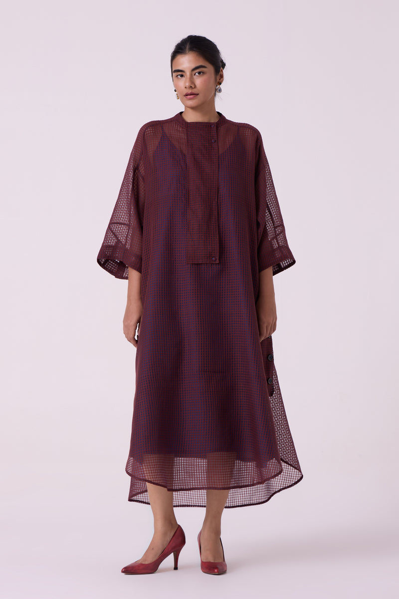 Fosco Blue Checkered HandwovenTunic handwoven silk cotton tunics/kaftan by The Summer House in blue for women Worldwide