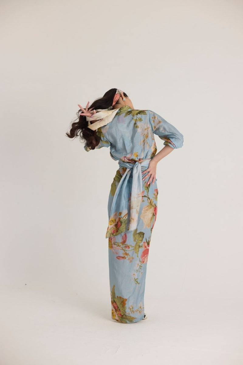 TAFFY TIE-UP TOP & SKIRT SET silk by Yam in blue color for women Worldwide