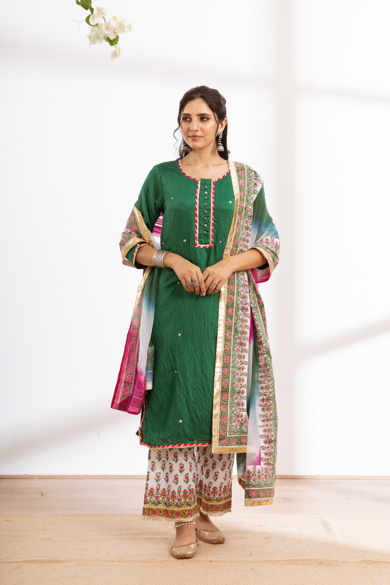 Rasika Harita Kurta Set - green hand block printed chanderi kurta set chanderi by Maison Shefali in green color for women Worldwide