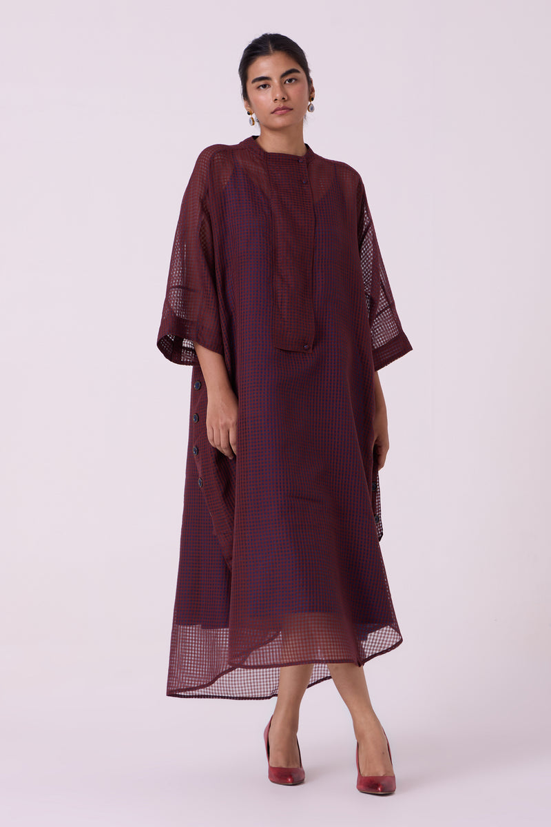 Fosco Blue Checkered HandwovenTunic handwoven silk cotton tunics/kaftan by The Summer House in blue for women Worldwide