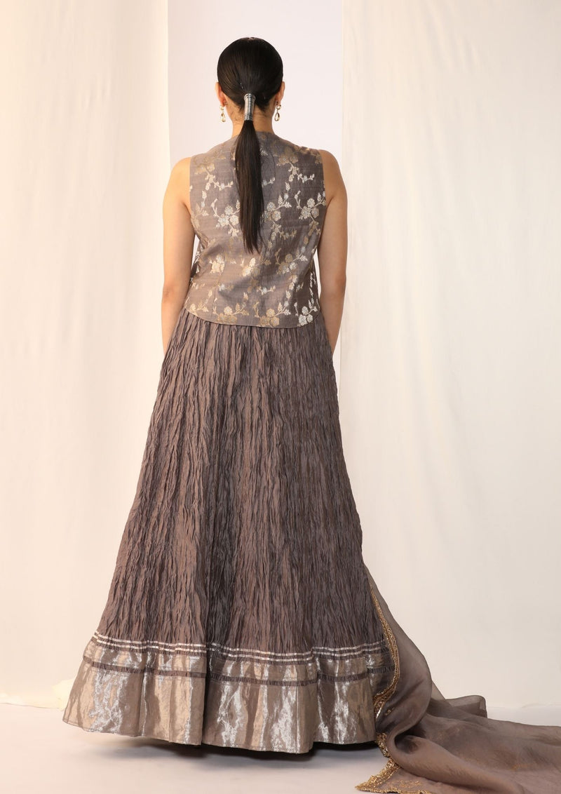 Brocade waistcoat paired with a crushed skirt-Dove Grey chanderi by Myoho in grey color for women Worldwide