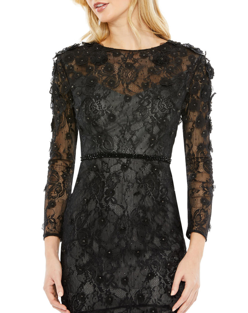 67703-Floral Appliqué Long Sleeve Cocktail Dress by Mac Duggal in black color for women Worldwide
