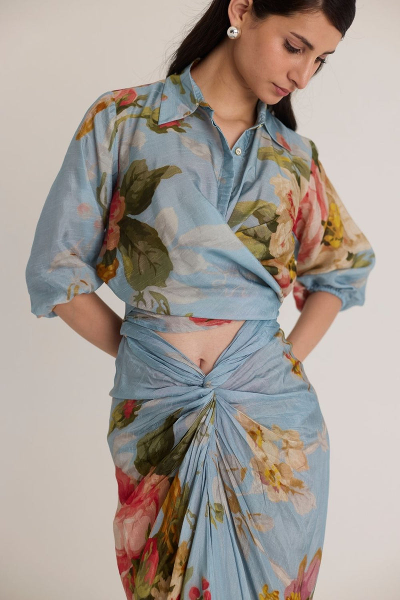 TAFFY TIE-UP TOP & SKIRT SET silk by Yam in blue color for women Worldwide