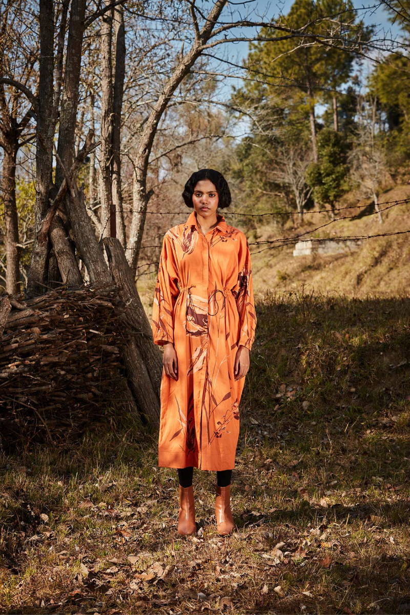 Saffron Parkha dress cotton by Khara Kapas in orange for women Worldwide