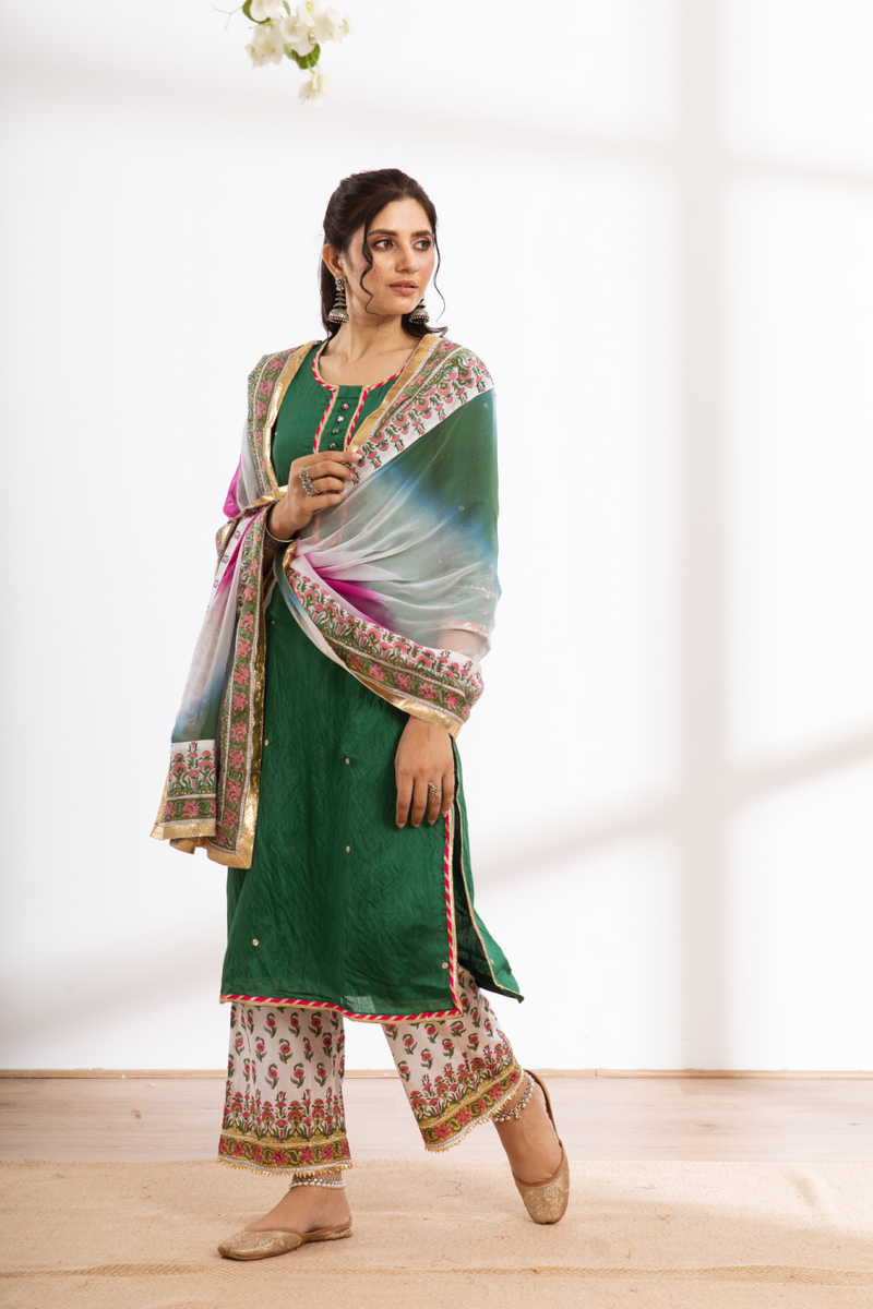 Rasika Harita Kurta Set - green hand block printed chanderi kurta set chanderi by Maison Shefali in green color for women Worldwide