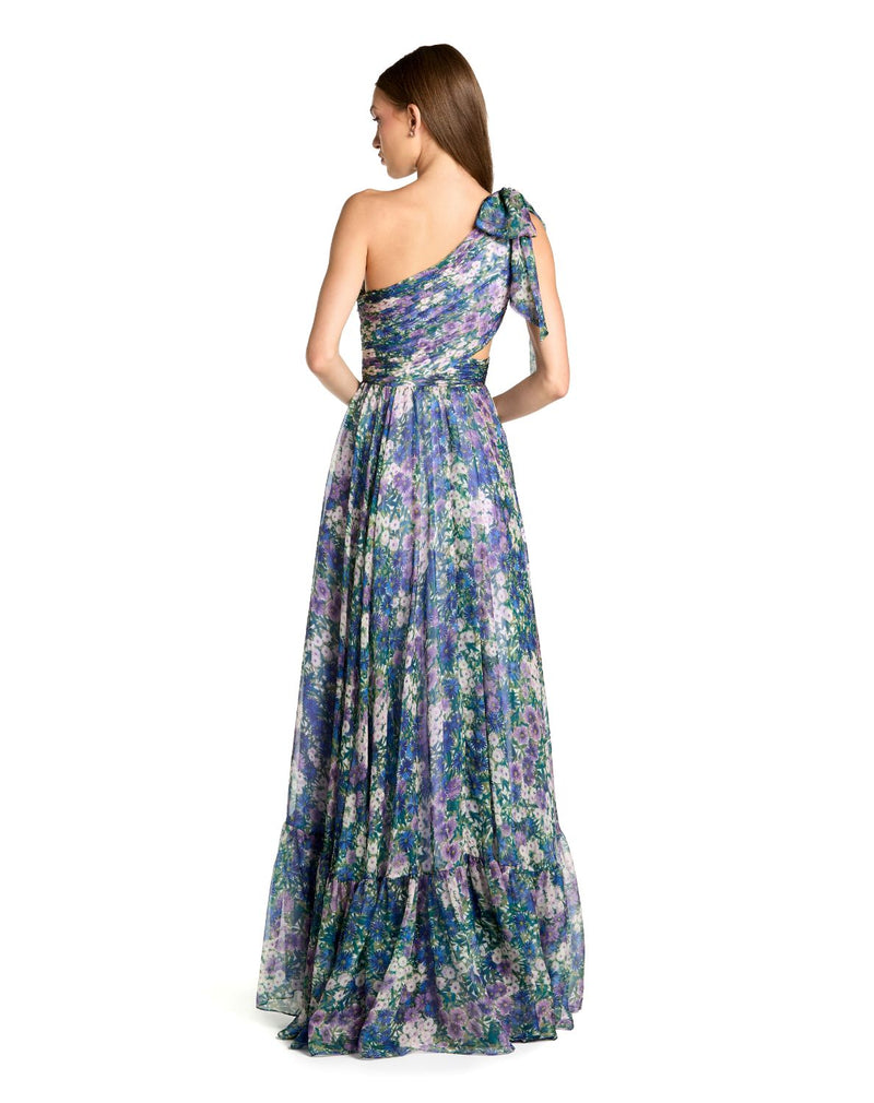 68553 - Purple One Shoulder Floral Printed Chiffon Side Cut Out Gown chiffon by Mac Duggal in purple color for women Worldwide