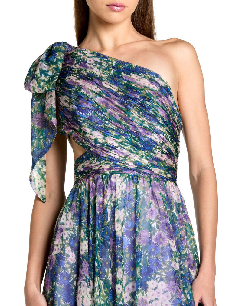 68553 - Purple One Shoulder Floral Printed Chiffon Side Cut Out Gown chiffon by Mac Duggal in purple color for women Worldwide