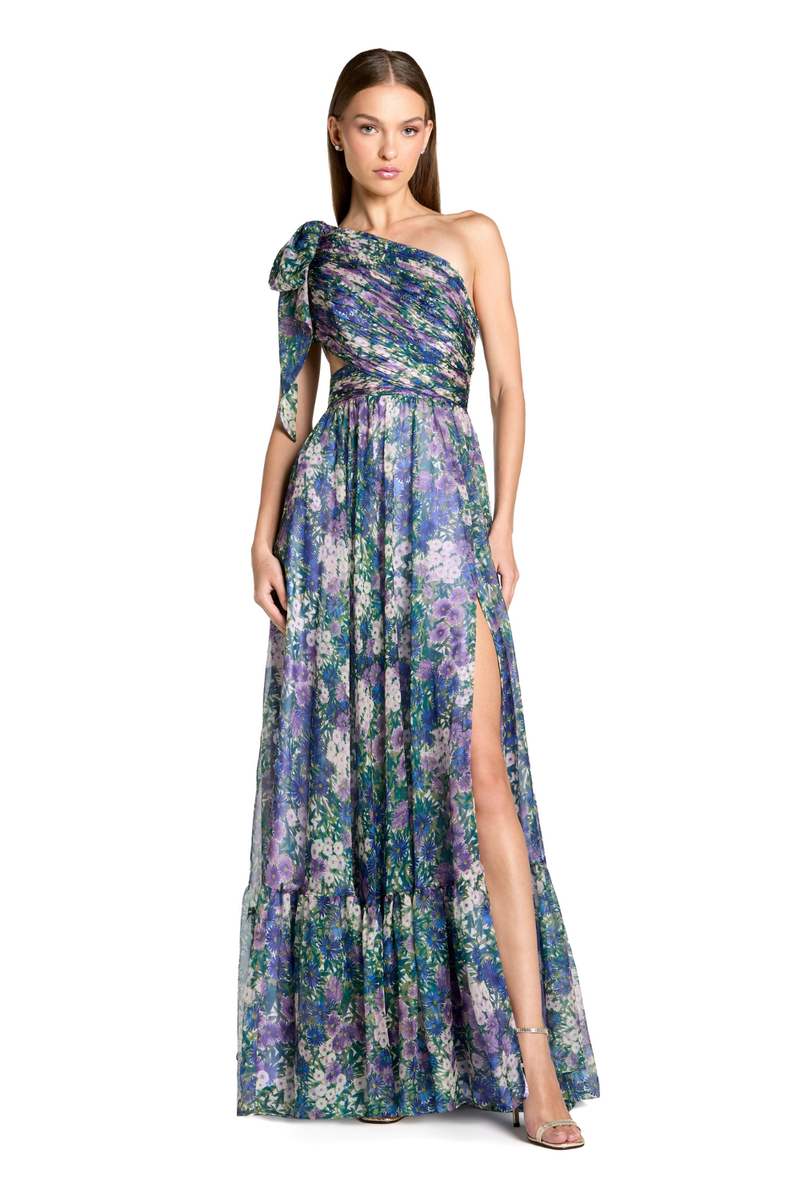 68553 - Purple One Shoulder Floral Printed Chiffon Side Cut Out Gown chiffon by Mac Duggal in purple color for women Worldwide