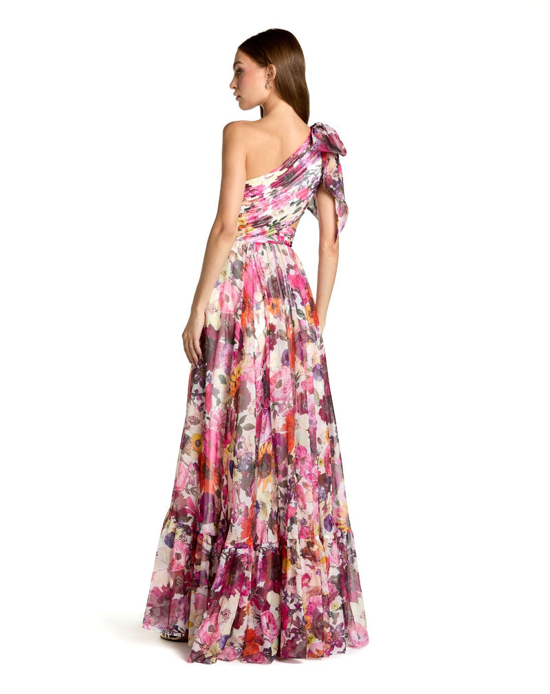 68553 - White One Shoulder Floral Printed Chiffon Side Cut Out Gown chiffon by Mac Duggal in white color for women Worldwide
