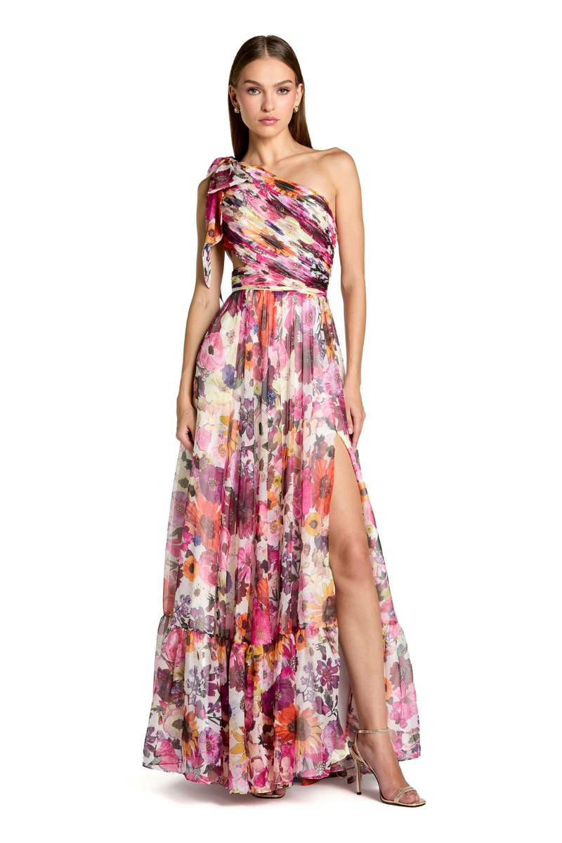 68553 - White One Shoulder Floral Printed Chiffon Side Cut Out Gown chiffon by Mac Duggal in white color for women Worldwide