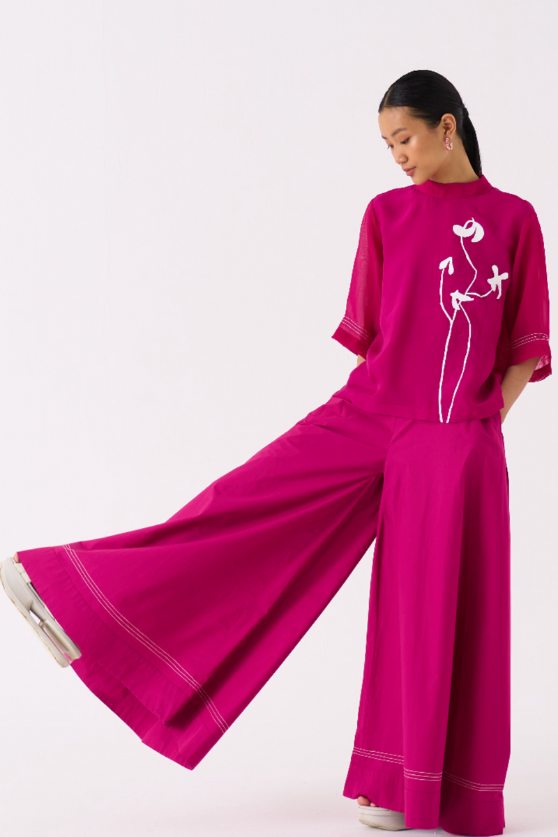 WIDE LEG BROAD BOTTOM-FUSCHIA poplin by THREE for women Worldwide